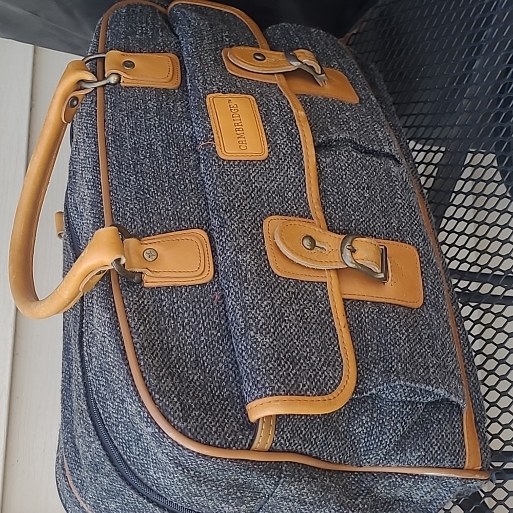 Cambridge Vintage Gray Tweed and Leather Carry-On Satchel Weekender Bag